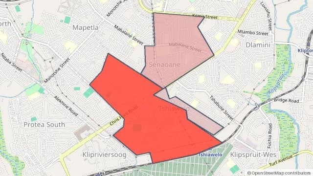 Map of areas affected by the power outage around Chiawelo Ext 1