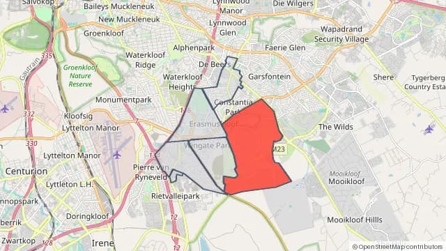 Map of areas affected by the water outage around Elarduspark