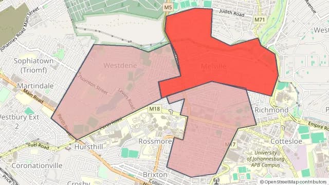 Map of areas affected by the water outage around Auckland Park