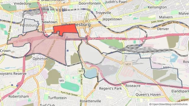 Map of areas affected by the power outage around City Deep Gold Mine