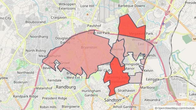 Map of areas affected by the water outage around Bryanston